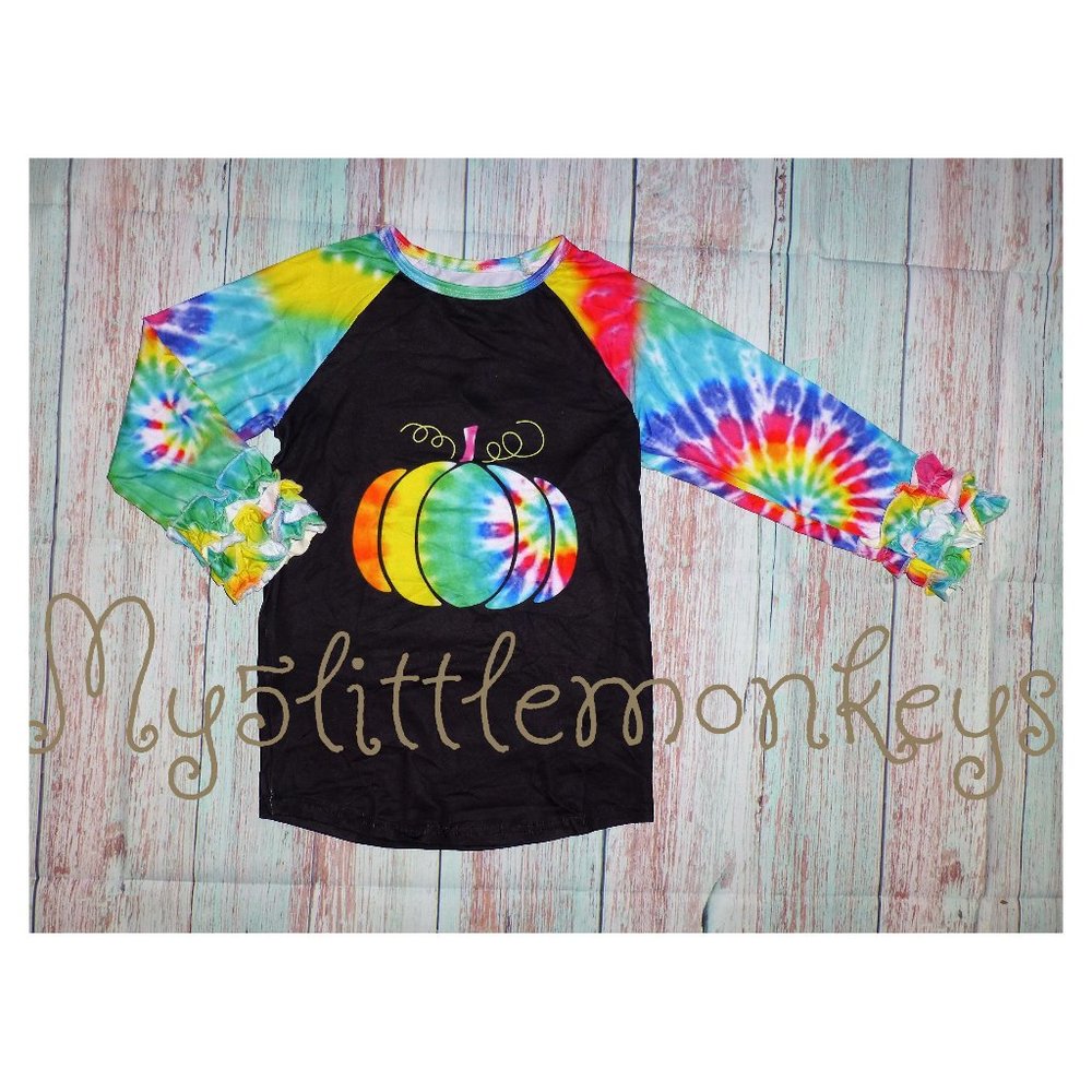 Boutique Tie Dye Pumpkin Girls Ruffle Sleeve Shirt
